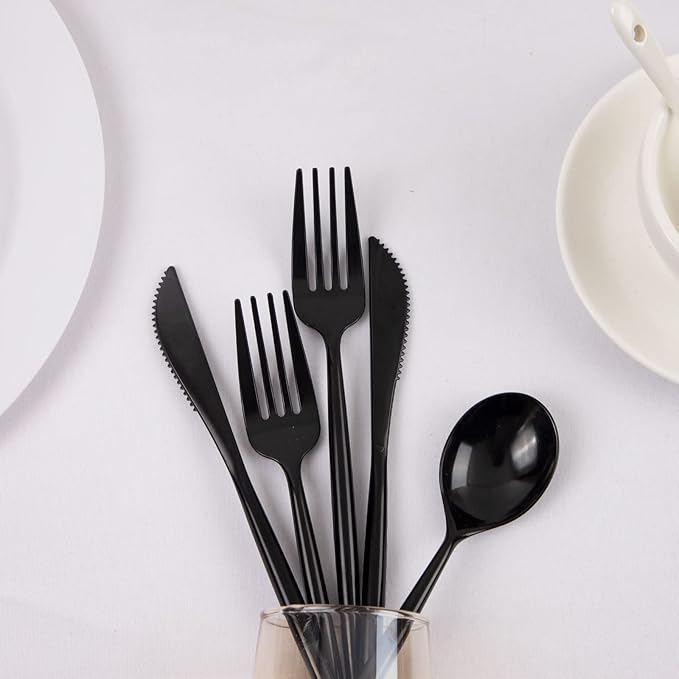 Supernal 180pcs Black Plastic Silverware Heavy Duty Black Party Cutlery Disposable Plastic Forks and Spoons Disposable Utensils Flatware Include 60 Forks,60 Knvies,60 Spoons (Pack of 2)