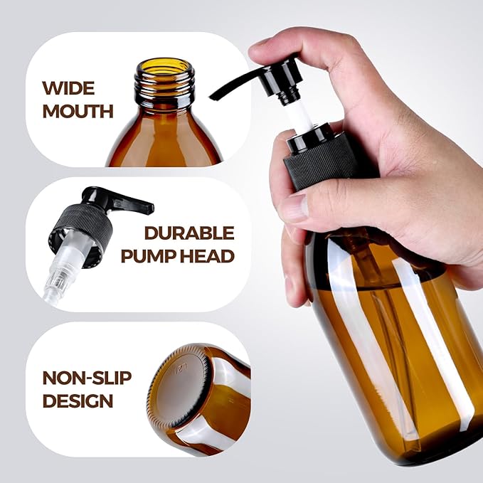 8 oz Amber Glass Pump Bottle, 250ml Glass Soap Dispenser Bottle for Body Lotion Massage Oil, Refillable Empty Hand and Dish Soap Dispensers Set with Labels - 2 Pack