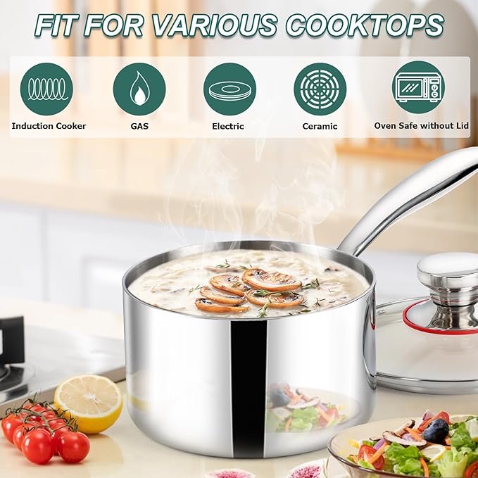 TeamFar 3qt Saucepan with Lid, Stainless Steel Tri-ply Pasta Sauce Milk Pan Small Cooking Pot with Ergonomic Handle, for Induction/Gas/Electric/Ceramic, Healthy & Heavy Duty, Dishwasher Safe