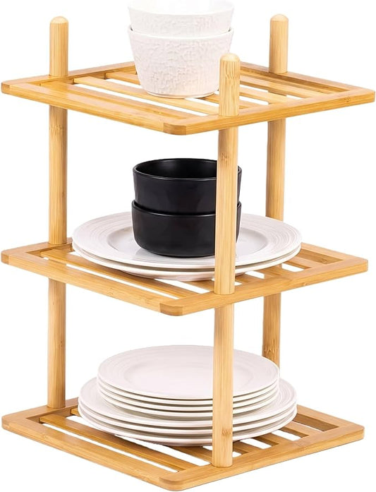 3-Tier Cabinet Organizer Shelf - Bamboo Corner Rack for Kitchen Counter, Cabinet Space Saver for Plates, Dishes, Bowls, Bread - Pantry and Bathroom Storage or Countertop(1, 3Tier-Large-6.7"H)