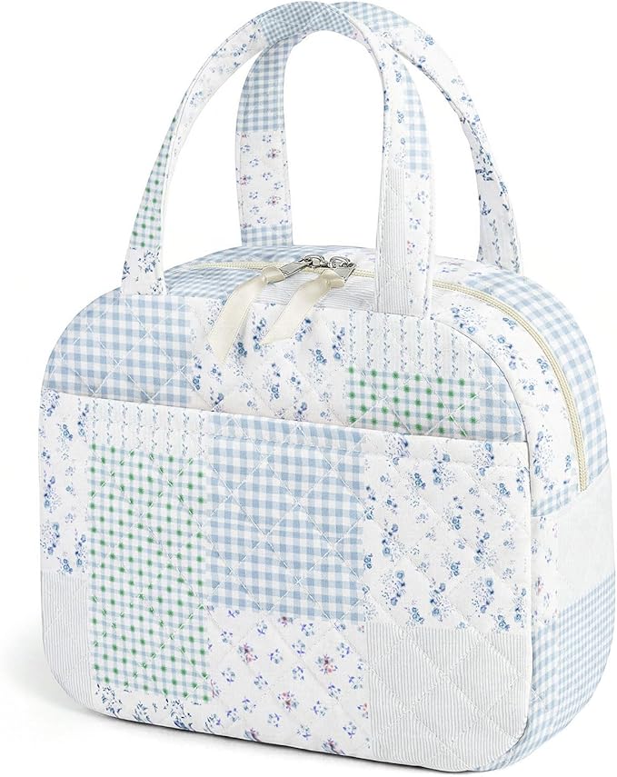 Quilted Lunch Box for Women,Coquette Aesthetic Lunch Box for Teen Girls,Cute Floral Lunch Bags for Work, School,Office,Picnic,Travel (green blue pin)