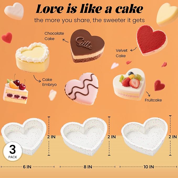 SJ 3P Silicone Heart Shaped Cake Pans, 6 Inch 8 Inch 10 Inch Nonstick Cake Pan, BPA Free Silicone Heart Cake Baking Mold for Oven Dishwasher Safe-Creamdot