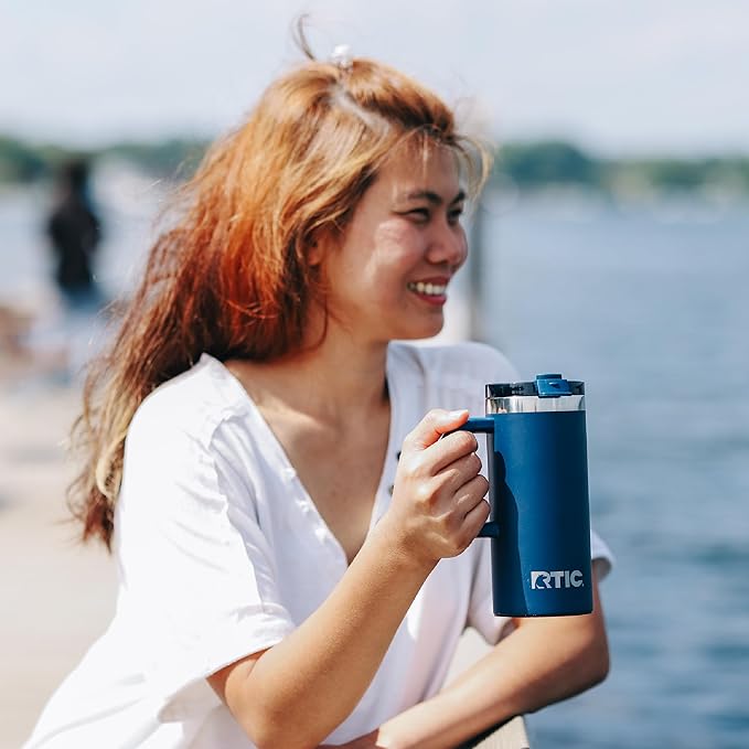 RTIC 16oz Road Trip Travel Mug with Lid and Handle, Ceramic Lined, Insulated, Stainless Steel, Metal, Double Wall Vacuum-Insulation, Portable Coffee, Tea Cup for Hot and Cold Drink, Navy