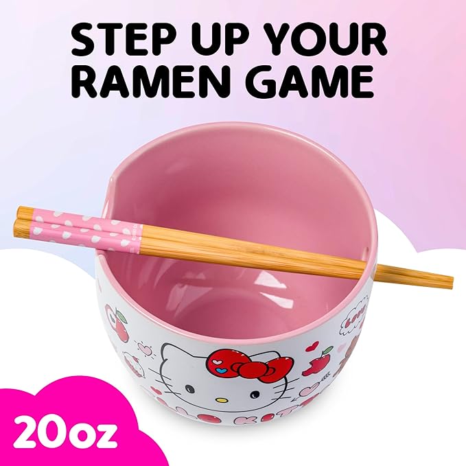Silver Buffalo Sanrio Hello Kitty Apples and Hearts Doodles Ceramic Ramen Noodle Rice Bowl with Chopsticks, Microwave Safe, 20 Ounces