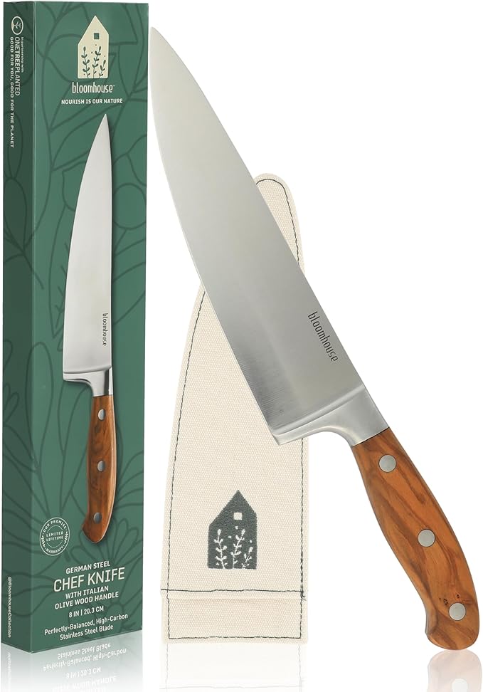 Bloomhouse - Two Time Oprah's Favorite Things Winner - 8-Inch Chef's Knife – German Stainless Steel Blade with Forged Italian Olive Wood Handle, Full Tang Kitchen Knife for Slicing, Dicing & Chopping