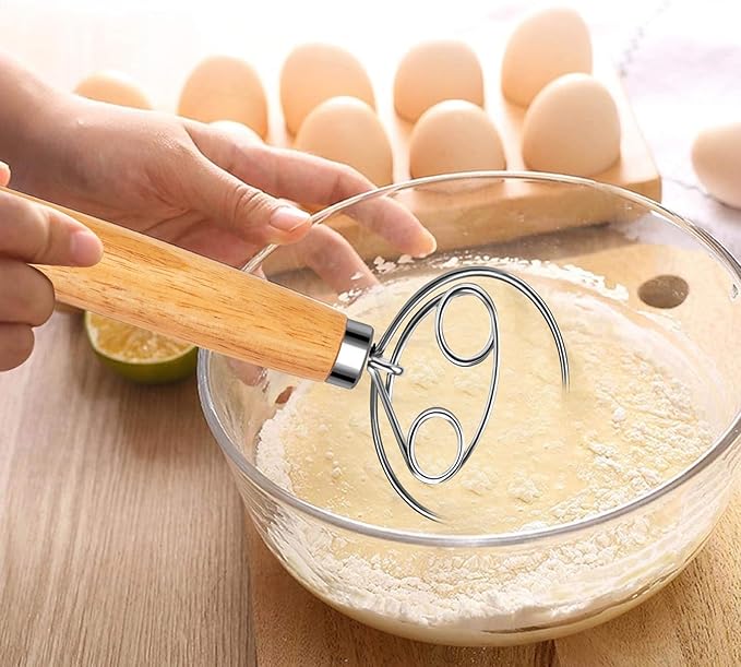 Danish Dough Whisk, Stainless Steel Dutch Whisk with Wooden Handle, Bread Mixer Tool for Sourdough Baking, Pastry & Pizza