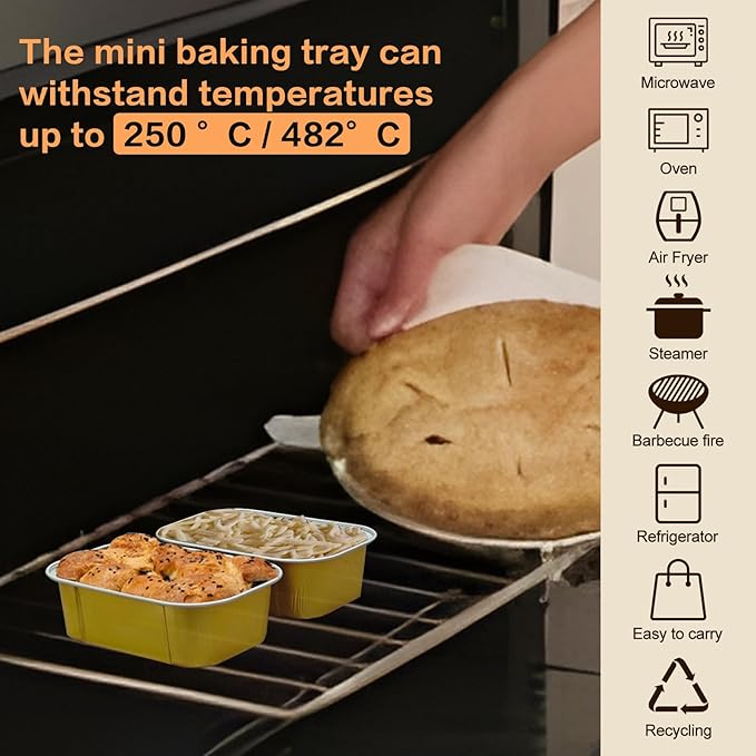 Mini Cake Pans With Lids And Spoons,5.5 oz Rectangle Mini individual Loaf Pans Disposable Aluminum Foil Small Baking Cups Tins (100, Gold)