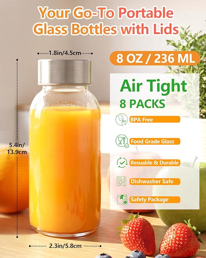 Zukro 8 oz Glass Water Bottles with Lids, Reusable Clear Juice Bottles With Stainless Steel Airtight Cap for Juicing, Ginger Shot, Milk, 250ml Leak Proof Small Smoothie Container, BPA Free, Set of 8