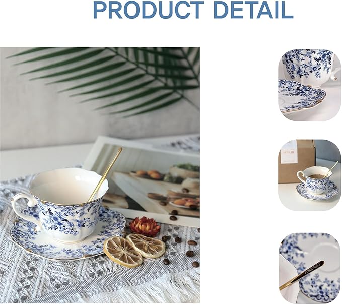 Vintage Floral Porcelain Tea Cup and Saucer Set with Spoon, Gold Trim, 6.4 oz – Set of 1, Blue – Tea & Espresso & Coffee Cups (1, China Flower)