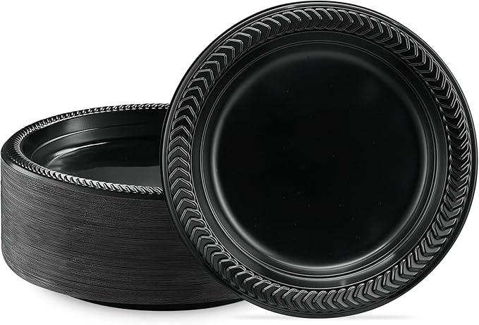 PLASTICPRO 200 PCS Black Plastic Plates Light Weight 7 Inch Plastic Dinner Dessert Appetizer Plates Black Plates Disposable for Party and Wedding