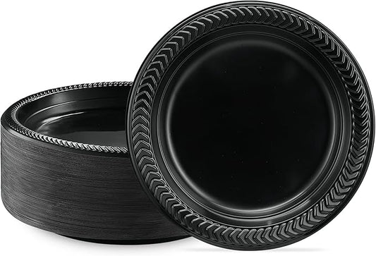 PLASTICPRO 200 PCS Black Plastic Plates Light Weight 7 Inch Plastic Dinner Dessert Appetizer Plates Black Plates Disposable for Party and Wedding