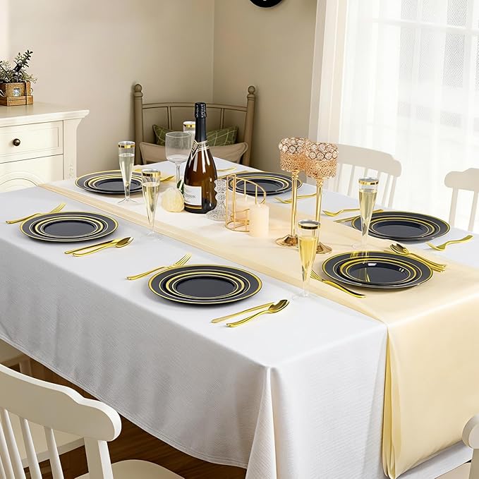 BESTVIP 200PCS Black Plastic Plate with Gold Rim, Disposable Party Plates with 100 Dinner Plates and 100 Dessert Plates, Plastic Plates for Party, Wedding and Birthday