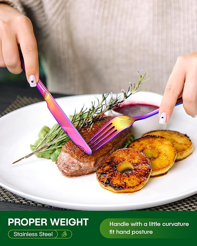 20 Piece Rainbow Silverware Set, Stainless Steel Flatware Set for 4 Colorful Cutlery Utensil Set Include Knife Fork Spoon Food Grade Mirror Polished Dishwasher Safe