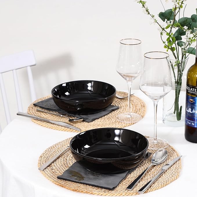 Selamica Ceramic Pasta Bowls Set of 4, Large Salad Bowl, Black