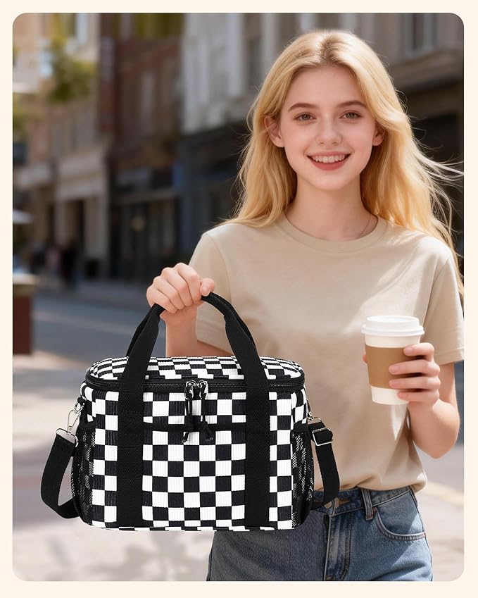 LOIDOU Lunch Box for Women Men Insulated Corduroy Lunch Bag Cooler Leakproof Reusable Adult Lunchbox Adjustable Strap lunch tote for Work Office Beach Picnic, Black Check