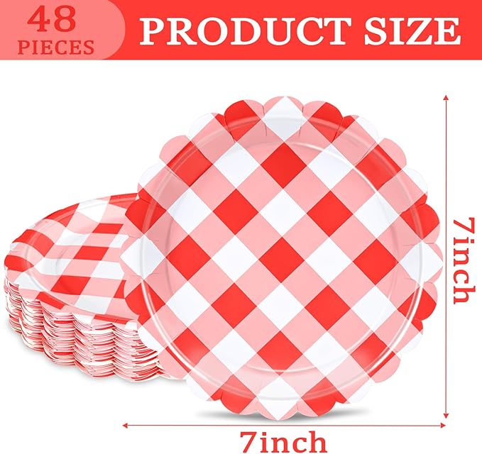 48 Pcs 7" Red Gingham Paper Plates, Red & White Checkered Disposable Party Plates, Plaid Dessert Tableware for BBQ, Picnic, Rustic Wedding, Birthday, Summer Party, Baby Shower Table Supplies