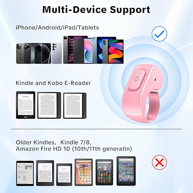 Remote Page Turner Ring for Kindle Paperwhite Oasis Scribe Kobo,Designed for Thick Cases Clicker Page Turner Camera Remote for iPhone iPad Android Tablets Reading Novels Comics with Storage Bag-Pink