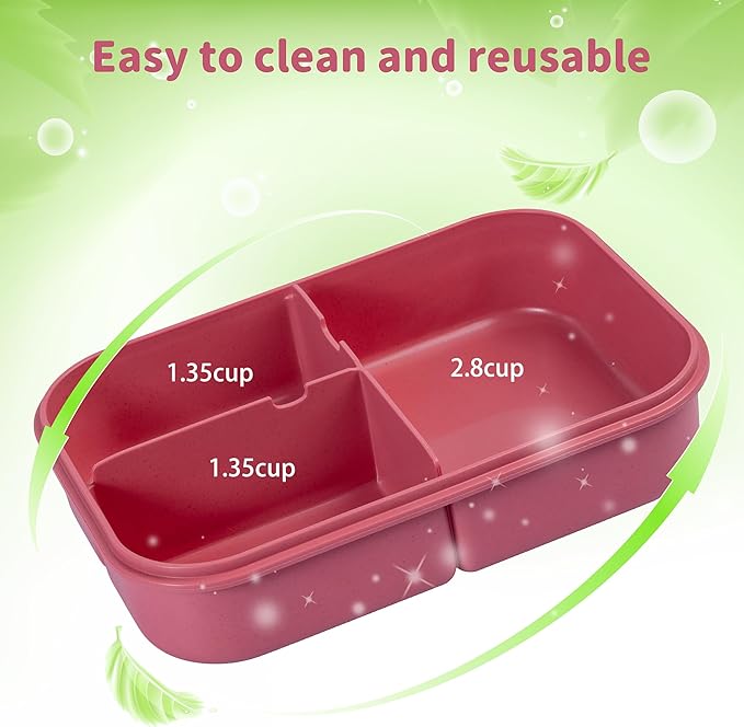 Wheat Straw Lunch Box, Leakproof 3-Compartment Bento Box for Kids & Adults, BPA-Free, Microwave & Dishwasher Safe, 5.5 Cup/1400 ml, Dusty Rose