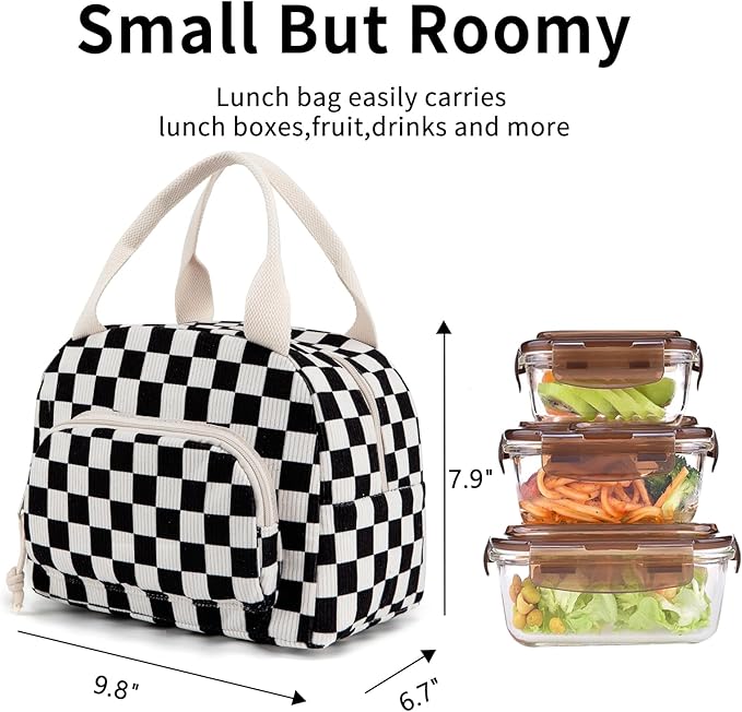 Lunch Bag Women Lunch Box for Women Adult Cute Insulated Lunch Bag Small Cooler Lunch Tote Bags for Work Picnic Travel (Black-White Plaid)