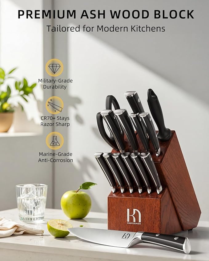 Knife Set, 15 Pcs Kitchen Knife Block Set, Enduring Razor-Sharp High Carbon Stainless Steel Chef Knife Set with Block and Sharpener, Premium Knives Set for Kitchen, Ash Wood Valentine's Gift