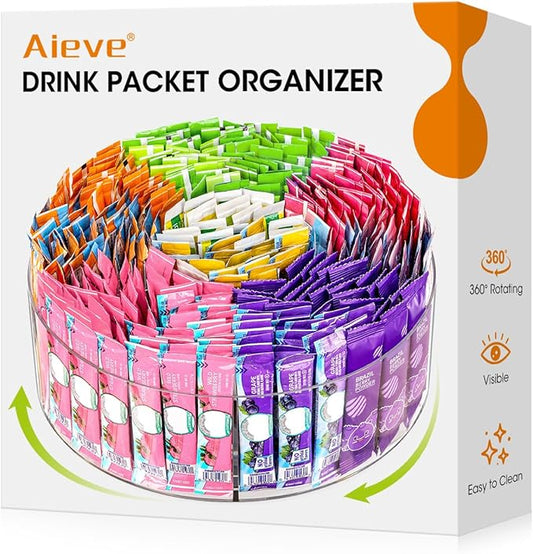 AIEVE Extra Large Drink Packet Organizer, 360° Lazy Susan Rotating Turntable for Larger Powder Drink Mix, Hydration Packets Acrylic Pantry Organizers for Kitchen Storage Organization