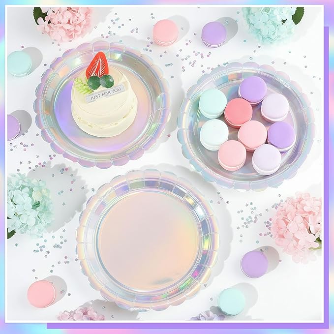 30 Pcs Iridescent Paper Plates Disposable 7 Inch Scalloped Holographic Plates Sliver Cake Dessert Plate for Birthday, Mermaid, Disco