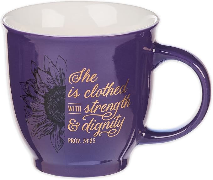 Christian Art Gifts Purple Sunflower Ceramic Coffee Mug – 14 oz. Lead and Cadmium-free Inspirational Scripture Coffee and Tea Mug for Women with Bible Verse: Strength & Dignity – Proverbs 31:25