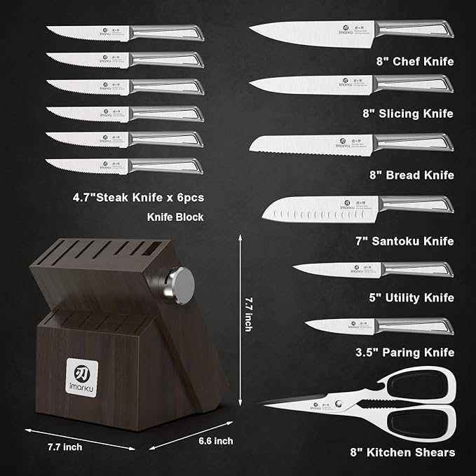imarku Kitchen Knife Set with Block and Built-in Sharpener, Japanese Stainless Steel 14-Piece Knife Set with Utility Knife, Dishwasher Safe, Non-Slip Ergonomic Handles, Essential Gift for Home Cooks