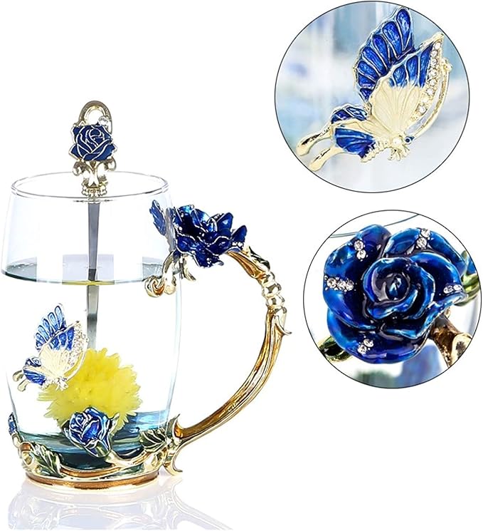 Enamel Glass Tea Cup Blue Rose Coffee Mug,Personalized Gifts for Birthday Mothers Day Anniversary Christmas For Mom,Women,Wife,Coworker,Friend,Female,Sister,Girlfriend,Grandma