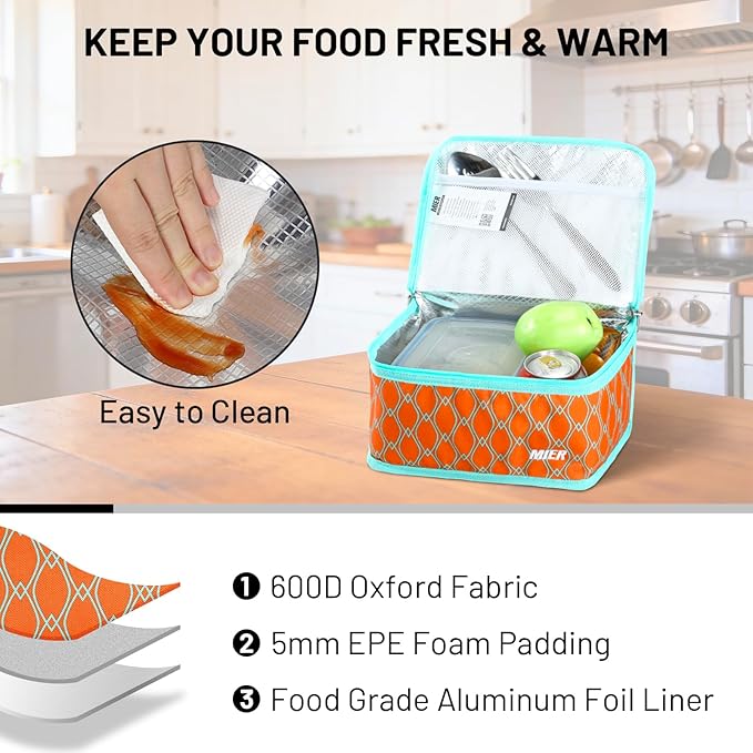 MIER Insulated Lunch Box for Men Women Kids Portable Small Lunch Bag 9 CAN Compact Thermal Mini Cooler for School Work Picnic, Orange