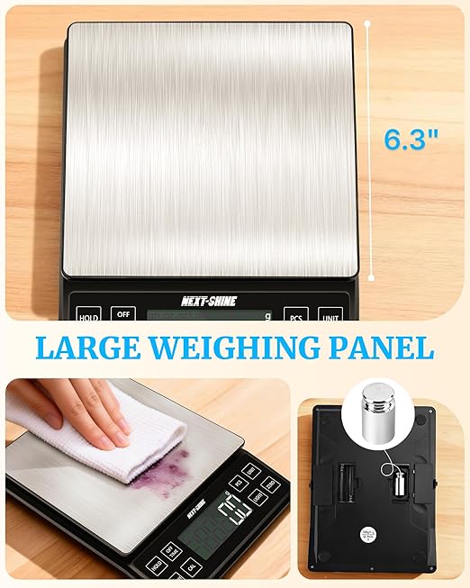 NEXT-SHINE Food Kitchen Scale 11lb, 0.1g/0.01oz Precise Graduation Rechargeable Digital Scale with Nine Units Large Tray Stainless Steel Platform LCD Display for Meal Prep Cooking Baking