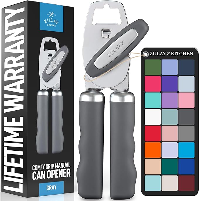 Zulay Kitchen Heavy Duty Stainless Steel Can Opener Manual with Bottle Opener - Rust Proof Manual Can Opener With Turn Knob & Comfy Soft Grip Handles - Gray