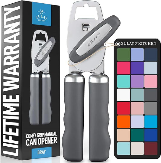 Zulay Kitchen Heavy Duty Stainless Steel Can Opener Manual with Bottle Opener - Rust Proof Manual Can Opener With Turn Knob & Comfy Soft Grip Handles - Gray