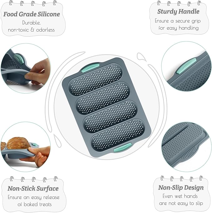 Baguette Bread Pan, Non-Stick Food Grade Silicone Bread Loaf Pan, 4 Cavity Perforated French Bread Baking Pan for Hoagie/Sub/Sandwich Rolls, Gray