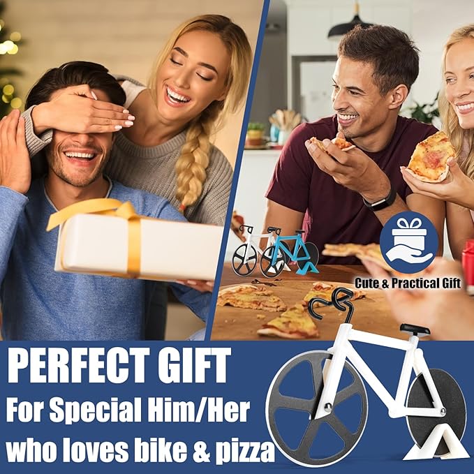 Bicycle Pizza Cutter Wheel - Gifts for Cyclists, Men, Dad, Bike Lovers - Funny Kitchen Gadgets - Cool Father’s Day, Christmas, Birthday, White Elephant Gifts - Stainless Steel Pizza Slicer(White)