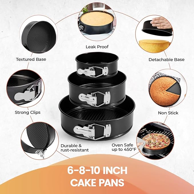 RFAQK Springform Pan Set of 3 - Non-Stick Leakproof Round Cake Pans (6", 8", 10") with 90 Pcs Parchment Paper Liners and Bonus Ebook - Perfect for Cheesecakes, Baking, and More!