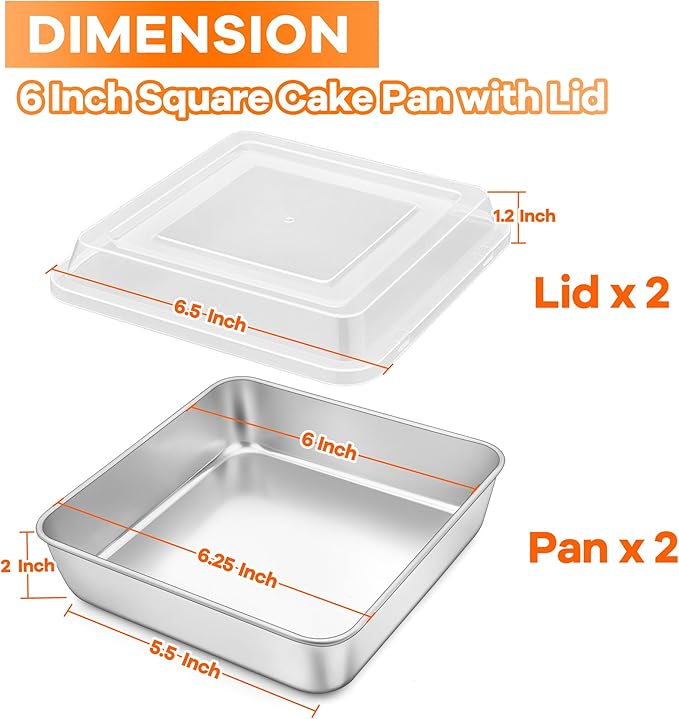 TeamFar 6 x 6 Inch Square Cake Pan, Stainless Steel Square Baking Pan with Lid for Brownie Lasagna, Non-Toxic & Heavy Duty, One-Piece & Smooth, Dishwasher Safe & Easy Clean (2 Pans + 2 Lids)