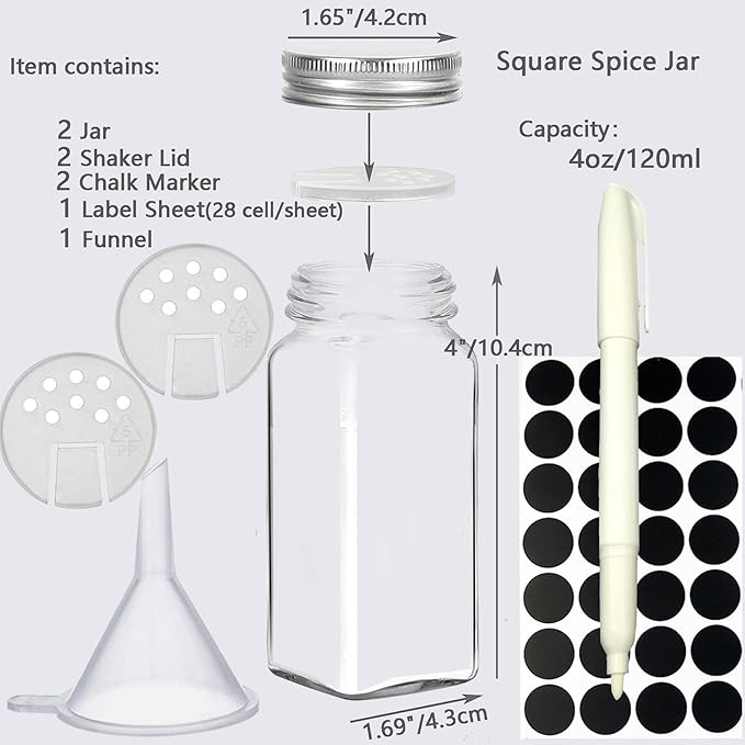 2-Pack Glass Spice Jars Set, With Spice Labels, Chalk Marker, Funnel, Shaker Lids and Airtight Metal Caps Included, 4oz Empty Spice Bottles, Square/Cylinder (Square)
