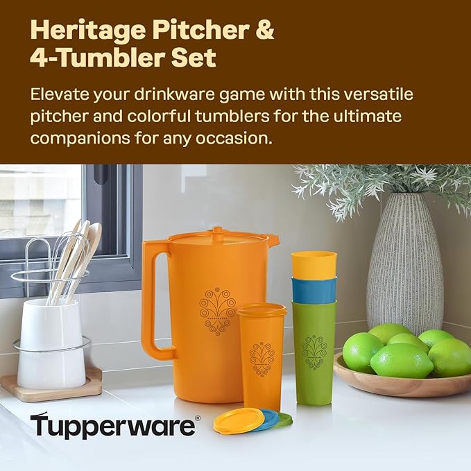 Tupperware Heritage Retro Collection, Pitcher and 4 Tumbler Set in Retro Colors, Dishwasher Safe and BPA Free
