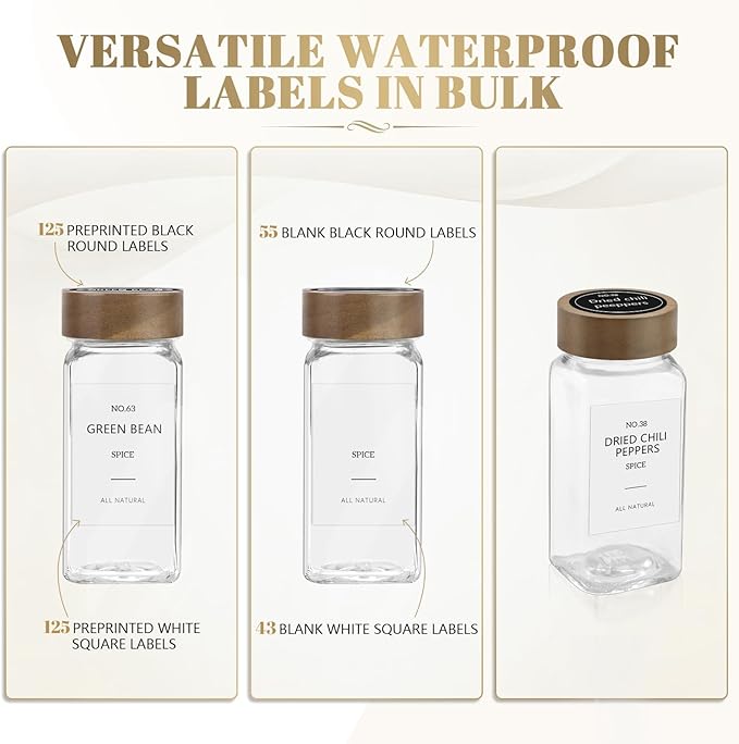 ZEHIQ 30Pcs Glass Spice Jars with Acacia Wood Lids, 4 oz Square Seasoning Containers with Labels, Seasoning Jars with Shaker Lids, Chalk Pen, Funnel, Cleaning Brush, Spice Bottles for Cabinet, Drawer
