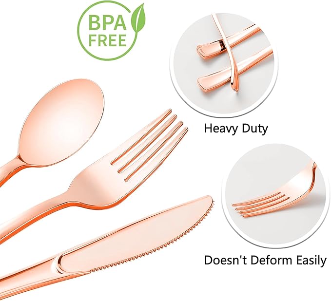 50 Pack Pre Rolled Rose Gold Plastic Silverware Set,Wrapped Plastic Cutlery Set with Napkin Include 50 Forks,50 Spoons,50 Knives and 50 Black Napkins for Party, Wedding,Christmas