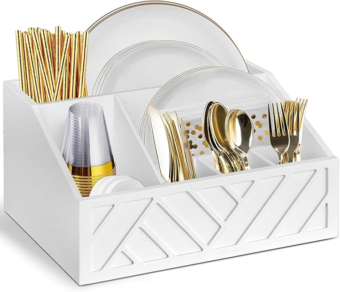 Paper Plate Dispenser, Paper Plate Holder for Kitchen Counter, Wood Rustic Silverware Utensil Caddy, Cutlery Flatware Organizer Box for Cups Spoons Forks Plates Napkins, Kitchen Accessories