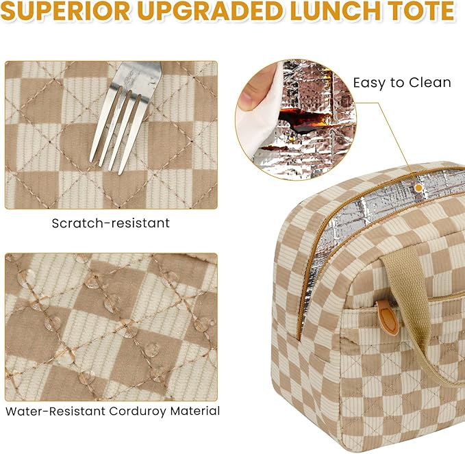 Insulated Lunch Bag for Women, Portable Lightweight Lunch Box for Adults, Reusable Small Lunch Tote Cooler Bags with Front Zipper Pocket for Work School Picnic(Corduroy Khaki Checkered)