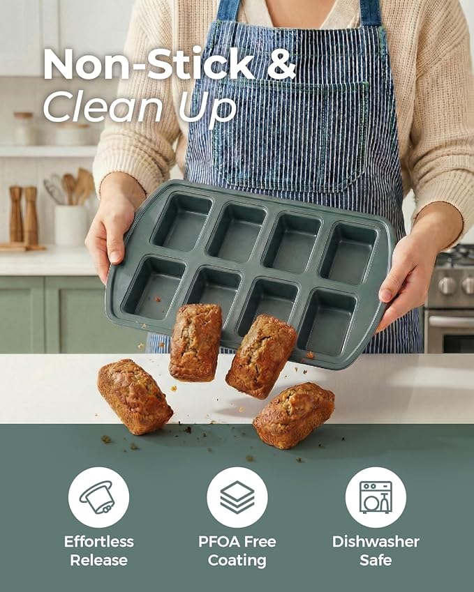 CARTMAN 2-Pack 8-Cavity Mini Loaf Pans Set with Spatula & Brush – 15.5” x 10” Nonstick Carbon Steel Small Bread Pan for Banana Bread, Meatloaf & Keto Snacks Sage Green