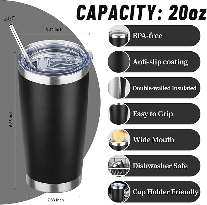 20 oz Tumbler with Lids and Straws, Stainless Steel Insulated Travel Coffee Mug, Double Wall Vacuum Insulated Tumblers, Powder Coated Coffee Tumbler for Cold & Hot Drinks (Mix Color-2)