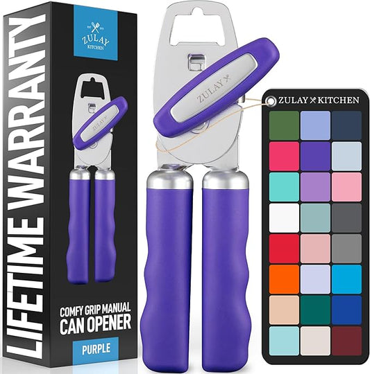 Zulay Kitchen Heavy Duty Stainless Steel Can Opener Manual with Bottle Opener - Rust Proof Manual Can Opener With Turn Knob & Comfy Soft Grip Handles - Purple