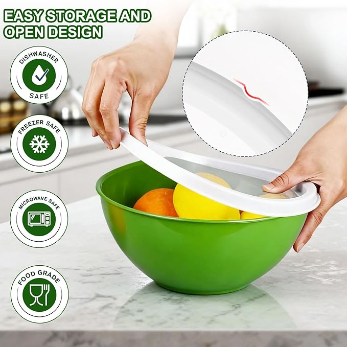 6-Piece Plastic Mixing Bowls Set with Airtight Lids, Nesting Bowls for Space Saving, TPR Sealed & PP5 Leak-Proof Lids, for Baking, Prepping & Serving, Dishwasher Safe (Red)