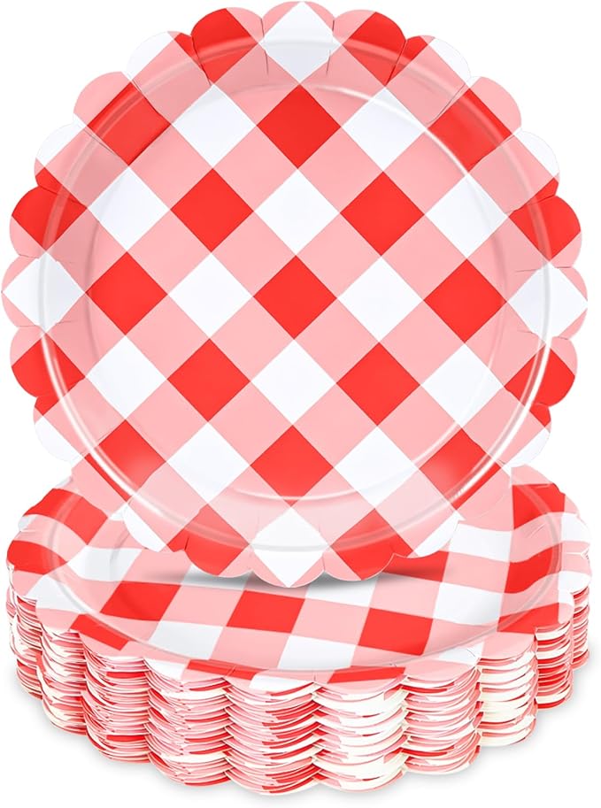 48 Pcs 7" Red Gingham Paper Plates, Red & White Checkered Disposable Party Plates, Plaid Dessert Tableware for BBQ, Picnic, Rustic Wedding, Birthday, Summer Party, Baby Shower Table Supplies