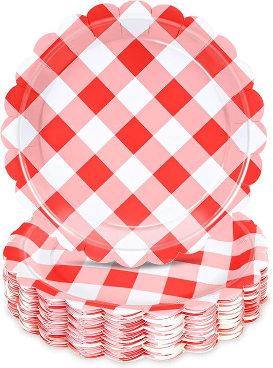 48 Pcs 7" Red Gingham Paper Plates, Red & White Checkered Disposable Party Plates, Plaid Dessert Tableware for BBQ, Picnic, Rustic Wedding, Birthday, Summer Party, Baby Shower Table Supplies