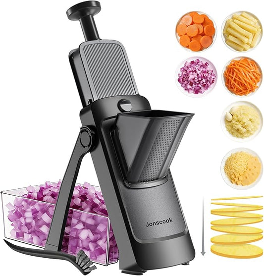 All-in-1 Safe Mandoline Slicer for Kitchen, Vegetable Slicer with Container, Adjustable Veggie Mandoline, French Fry Cutter, Potato/Tomato/Onion Slicer, Grater/Cleaning Brush (Black Knight)